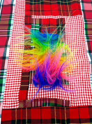 Todd Oldham Studio Hand-Stitched Red Plaid and Rainbow Faux Fur Design Swatch
