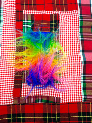 Todd Oldham Studio Hand-Stitched Red Plaid and Rainbow Faux Fur Design Swatch