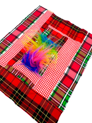 Todd Oldham Studio Hand-Stitched Red Plaid and Rainbow Faux Fur Design Swatch