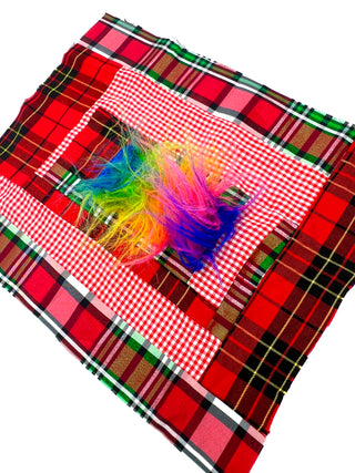 Todd Oldham Studio Hand-Stitched Red Plaid and Rainbow Faux Fur Design Swatch