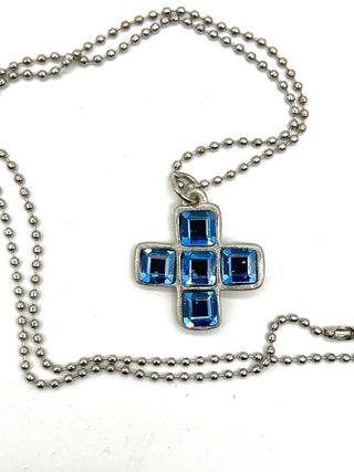 Vintage 1993 Todd Oldham Iconic Silver Plated Plus Sign Aquamarine Swarovski Crystal Charm Necklace 