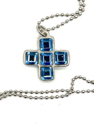 Vintage 1993 Todd Oldham Iconic Silver Plated Plus Sign Aquamarine Swarovski Crystal Charm Necklace 