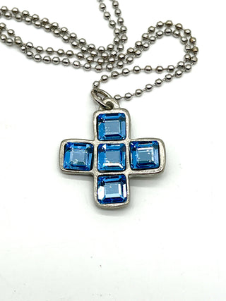 Vintage 1993 Todd Oldham Iconic Silver Plated Plus Sign Aquamarine Swarovski Crystal Charm Necklace 