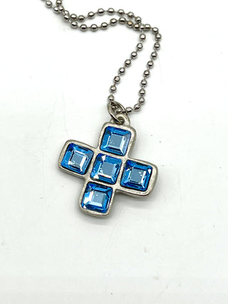 Vintage 1993 Todd Oldham Iconic Silver Plated Plus Sign Aquamarine Swarovski Crystal Charm Necklace 