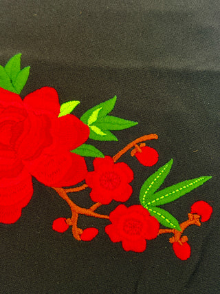 Vintage Todd Oldham Spring 1995 Rose Embroidery Panel on Black Silk Crepe