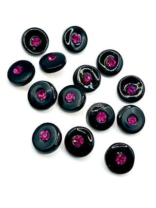 1995 Archive Hand Painted Porcelain Buttons Black With Fuchsia Crystals