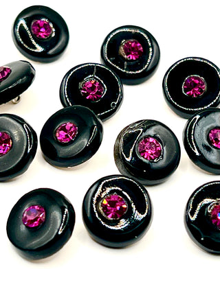 1995 Archive Hand Painted Porcelain Buttons Black With Fuchsia Crystals