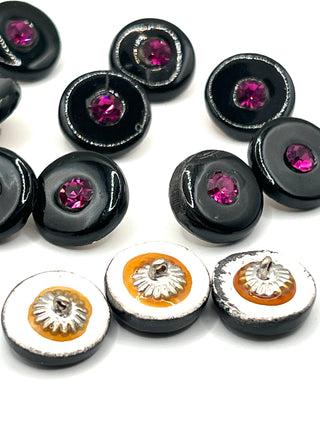 1995 Archive Hand Painted Porcelain Buttons Black With Fuchsia Crystals