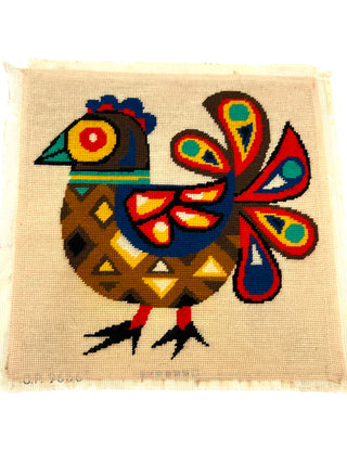 Vintage Mid-Century Modern Peacock Needlepoint – Todd Oldham Studio Collection – 15.5 x 15.0 Inches