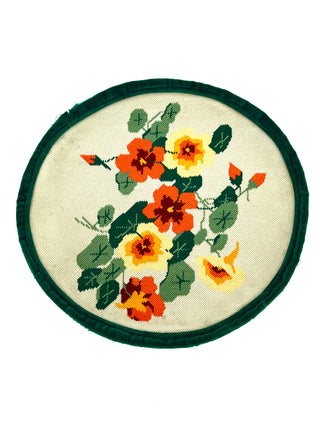 Vintage Round Floral Needlepoint with Green Velvet Trim  | Todd Oldham Studio Collection