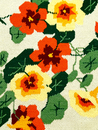 Vintage Round Floral Needlepoint with Green Velvet Trim  | Todd Oldham Studio Collection
