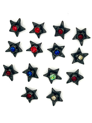 Set of 14 Signed Todd Oldham Bright Star Buttons – 1990s Ebonized Silver-Plated Buttons with Multicolored Swarovski Crystals