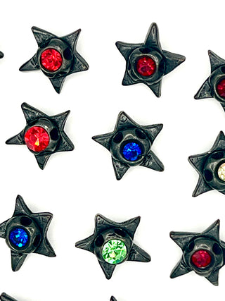 Set of 14 Signed Todd Oldham Bright Star Buttons – 1990s Ebonized Silver-Plated Buttons with Multicolored Swarovski Crystals