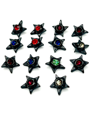 Set of 14 Signed Todd Oldham Bright Star Buttons – 1990s Ebonized Silver-Plated Buttons with Multicolored Swarovski Crystals