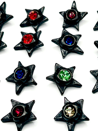 Set of 14 Signed Todd Oldham Bright Star Buttons – 1990s Ebonized Silver-Plated Buttons with Multicolored Swarovski Crystals