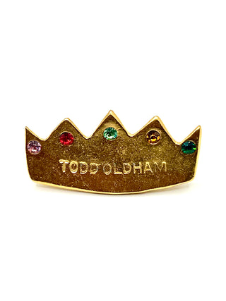 Todd Oldham Signature Crown Logo Pin — 1990s Promotional Design with Multi-Colored Swarovski Crystals, 24K Gold Plated