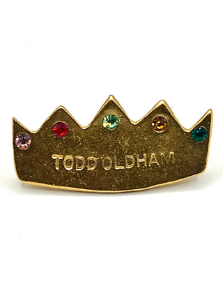 Todd Oldham Signature Crown Logo Pin — 1990s Promotional Design with Multi-Colored Swarovski Crystals, 24K Gold Plated