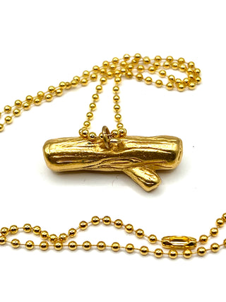 Todd Oldham 1990s Vintage 24kt Gold Wood Grain Log Charm Necklace