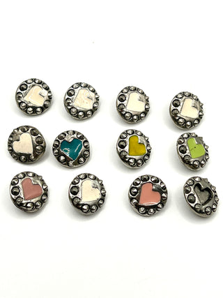 Signed & Dated 1995 Silver-Plated Enameled Heart Studded Buttons | Set Of 12
