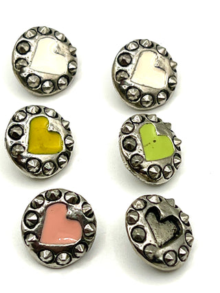 Signed & Dated 1995 Silver-Plated Enameled Heart Studded Buttons | Set Of 12