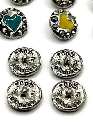Signed & Dated 1995 Silver-Plated Enameled Heart Studded Buttons | Set Of 12