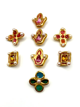 Vintage Todd Oldham 1990s Gold Plated- Enameled- Swarovski Crystal & Pearl Button Set of 8