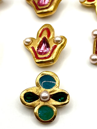 Vintage Todd Oldham 1990s Gold Plated- Enameled- Swarovski Crystal & Pearl Button Set of 8