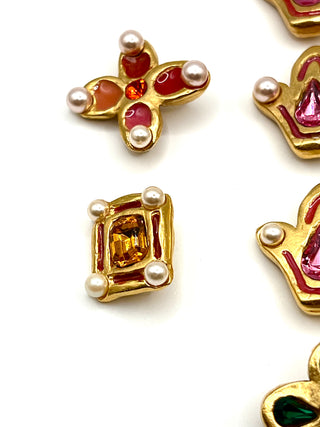 Vintage Todd Oldham 1990s Gold Plated- Enameled- Swarovski Crystal & Pearl Button Set of 8