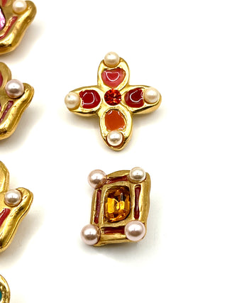 Vintage Todd Oldham 1990s Gold Plated- Enameled- Swarovski Crystal & Pearl Button Set of 8