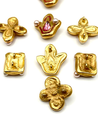 Vintage Todd Oldham 1990s Gold Plated- Enameled- Swarovski Crystal & Pearl Button Set of 8