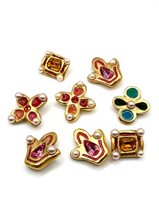 Vintage Todd Oldham 1990s Gold Plated- Enameled- Swarovski Crystal & Pearl Button Set of 8