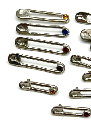 Spring 1994 Punk Rock Safety Pin Buttons with Swarovski Crystals Signed Set of 12