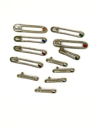 Spring 1994 Punk Rock Safety Pin Buttons with Swarovski Crystals Signed Set of 12