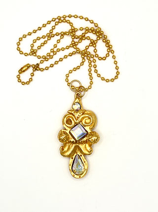 Todd Oldham Signed Fall 1993 Crest Medallion Charm Necklace — Aurora Borealis Swarovski Crystals