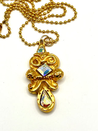 Todd Oldham Signed Fall 1993 Crest Medallion Charm Necklace — Aurora Borealis Swarovski Crystals