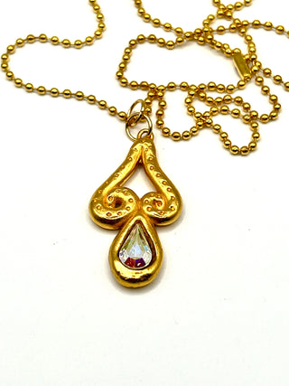 Signed Todd Oldham Fall 1993 Raindrop Charm Necklace with Aurora Borealis Crystal