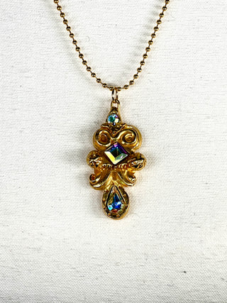 Todd Oldham Signed Fall 1993 Crest Medallion Charm Necklace — Aurora Borealis Swarovski Crystals
