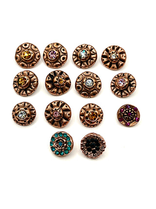 Vintage Todd Oldham Copper-Plated Buttons with Ebonized Rub & Crystals, Mixed Set of 14 Signed and Dated 1996