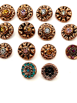 Vintage Todd Oldham Copper-Plated Buttons with Ebonized Rub & Crystals, Mixed Set of 14 Signed and Dated 1996