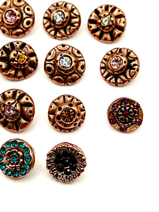 Vintage Todd Oldham Copper-Plated Buttons with Ebonized Rub & Crystals, Mixed Set of 14 Signed and Dated 1996