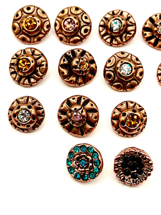 Vintage Todd Oldham Copper-Plated Buttons with Ebonized Rub & Crystals, Mixed Set of 14 Signed and Dated 1996