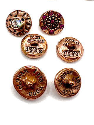 Vintage Todd Oldham Copper-Plated Buttons with Ebonized Rub & Crystals, Mixed Set of 14 Signed and Dated 1996