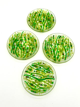 Set of 4 Handmade Slumped Glass Dessert Plates by Robin Oldham — Green Botanical Inclusion Art Glass Plates