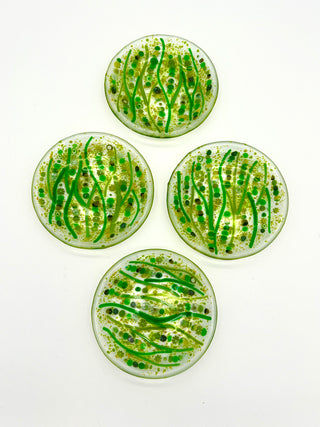 Set of 4 Handmade Slumped Glass Dessert Plates by Robin Oldham — Green Botanical Inclusion Art Glass Plates