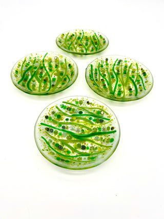 Set of 4 Handmade Slumped Glass Dessert Plates by Robin Oldham — Green Botanical Inclusion Art Glass Plates