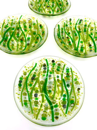 Set of 4 Handmade Slumped Glass Dessert Plates by Robin Oldham — Green Botanical Inclusion Art Glass Plates