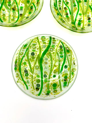 Set of 4 Handmade Slumped Glass Dessert Plates by Robin Oldham — Green Botanical Inclusion Art Glass Plates