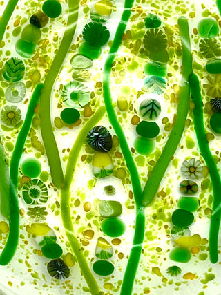 Set of 4 Handmade Slumped Glass Dessert Plates by Robin Oldham — Green Botanical Inclusion Art Glass Plates