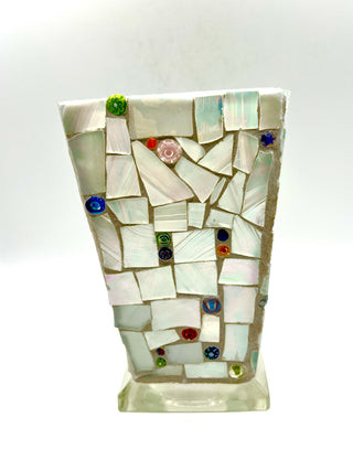 Vintage 1990s Handmade Shades of White Mosaic Glass Vase by Robin Oldham