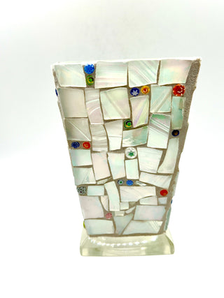 Vintage 1990s Handmade Shades of White Mosaic Glass Vase by Robin Oldham